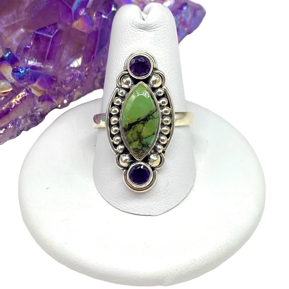 Silver and Green Gemstone Ring with Purple Accents